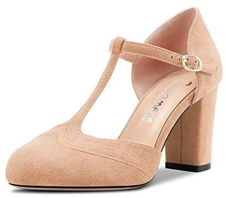 Castamere Donna Chunky Blocco Alto High Tacco Heel Rotonda Punta Pumps T-Strap Fibbia da Matrimonio Ufficio 8.5 CM Heels Beige 37 EU