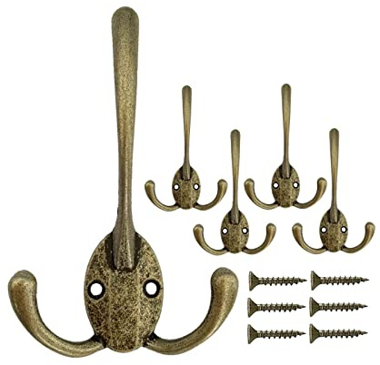 Mokife Gancho Perchero Antiguo, 5 Piezas Ganchos de Pared Retro Triple Puntas Percheros con Tornillos para Colgar Abrigos Ropa Túnicas Toallas Bolsas Sombreros Gorras Llaves Bufandas Tazas, Bronce