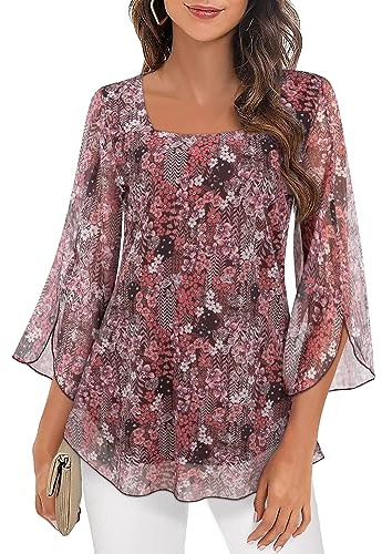 Syphiby Chemisiers pour femmes à manches 3/4 avec volants, hauts de tunique amples et fluides à col carré en mousseline de soie à double couche, chemises en maille M-3XL, kaki, XXL