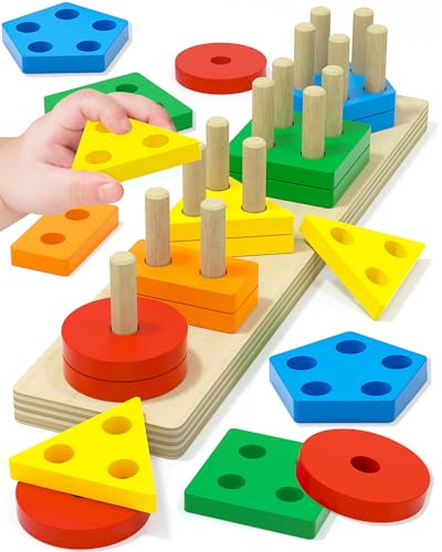 Tonberless Montessori Toys for 1 2 3 Year Old Boy Girl, Toys for Ages 2-4 Toddlers Kids Baby, 1 2 Year Old Boy Girl Birthday Gifts, Wooden Learning Puzzles Shape Sorter Toys for Toddlers 1-3