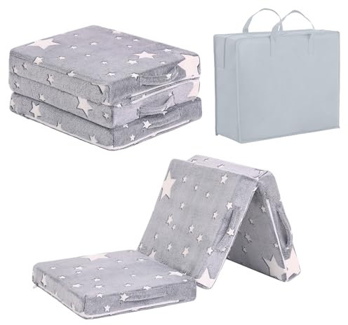 Tiita Foldable Floor Mattress for Kids-Glow in The Dark Toddler Nap Mat with Storage Bag, Portable Toddler Floor Futon for Travel, Daycare, Camping, RV, Playroom, Grey Star