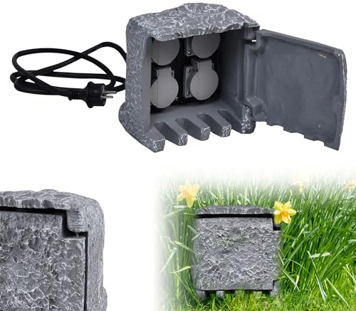 LARS360 Aussensteckdose Garten Stein mit 4 Steckdosen Gartensteckdose in Steinoptik mit 1,5m Kabellänge Mehrfachsteckdose Steinsteckdose IP44 Wasserdicht Inkl. Erdspieß