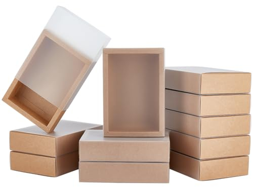 BENECREAT 12 Stück Braune Kraftpapier Geschenk-Schubladenbox,130x182x46mm Durchsichtige Geschenkbox Aus Kunststoff Mit Deckel Und Mattiertem PVC-Fenster Zum Schmuckn, Party