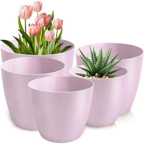 PECZEKO Blumentopf matt, 5er-Set blumenkübel, 12/14/16/18/20 cm Pflanzkübel aus Übertopf Kunststoff Topf für, groß und klein Pflanzen, 5er-Set blumenkübel kräutertopf, Rosa