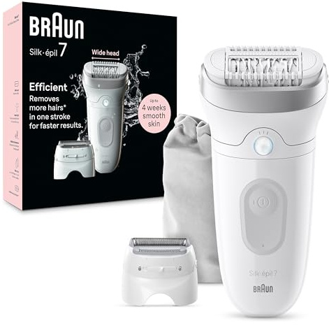 Braun Epilator Silk-épil 7, Hair Removal Device, Women Shaver & Trimmer, Wet and Dry, Wide Head, Includes Shaver Head and Trimmer Comb, SE7-041, Silver