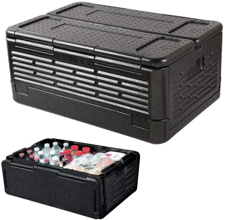Faltbar Thermobox 40L Styroporbox 60x41x25cm Warmhaltebox für Essen mit Integrierter Deckel Multifunktional Kühlbox Transportbox für Camping Picknicks Lebensmittel Transport(Schwarz)