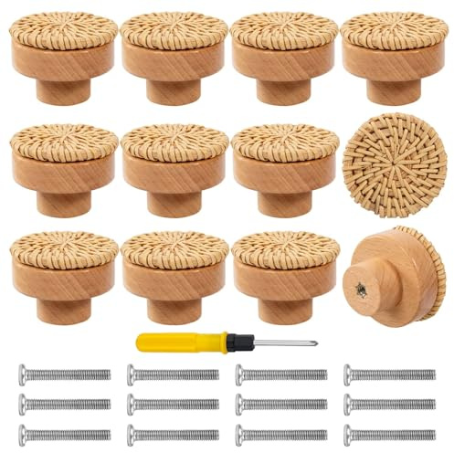LOEPENLE Lot de 12 boutons de meubles en rotin, boutons de placard décoration Boho, boutons de meubles en bois pour tiroirs, boutons en bois pour placard, boutons de placard pour chambre d'enfant