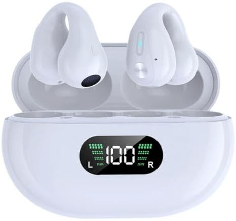 Panlouting Bluetooth 5.3 Écouteurs Oreille Ouverte Open Ear Clip-on IPX5 Imperméable Annulation de Bruit Commande Tactile Microphone LED Affichage de Puissance avec Boîtier de Charge (Blanc)