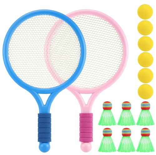 2 in 1 Kinder Tennisschläger, Badminton Set Kinder mit 6 Tennisbälle und 6 Badmintonschläger, Tennisschläger für Kinder für Indoor und Outdoor Übungen und Sportarten (Blau und Rosa)