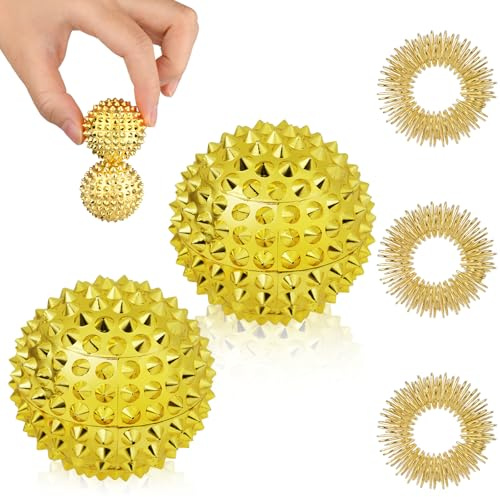 URAQT 2st magnetisk massagebollset med 3 massageringar, handakupunkturboll för sjukgymnastik, magnetisk massageboll för hälsa och fidgetring för stresslindring tighta muskler (Guld)
