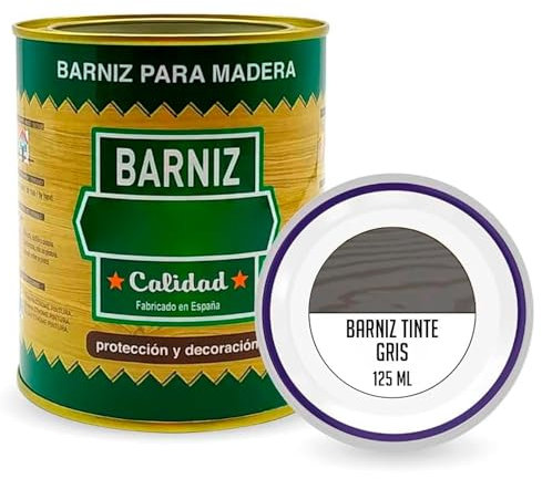 Tradineur - Bote de Barniz para Madera - Fabricado en España - Ideal para todo tipo de Maderas, vigas, cerchas, marcos, etc. - Capacidad de 125 ML - Gris