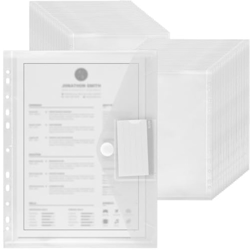 JIEHIN 50 unidades de fundas para documentos A4 para archivar, transparentes A4 carpetas con cierre de velcro, A4, transparentes, para organizar documentos, agujeros de encuadernación