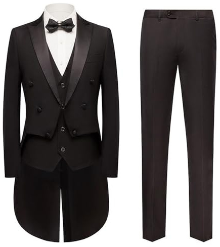 Kromoc Hommes Costume Trois pièces à Revers et Queue de Pie, Double Boutonnage, Veste, Gilet et Pantalon pour Les Spectacles