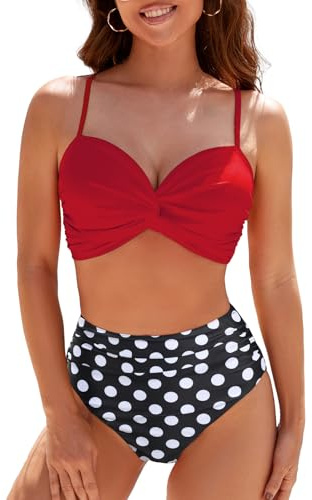 Adigaber Maillots de Bain Deux Pièces pour Femme Grande Taille Haute Bikini | Devant Torsadé，Rembourrages amovibles，Contrôle du ventre，Bretelles réglables，Respiran，Séchage rapide，Plage，Sexy, Push-up