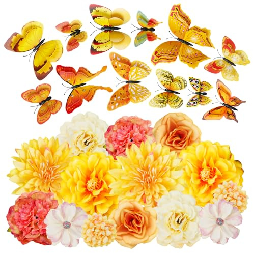 MWOOT 26 Pezzi Teste di Fiori Artificiali 3D Farfalle, Fiori Finti Piccoli per Decorazioni, Rose Garofano Finte per Fai da te Corona Torta Bouquet Da Sposa Matrimonio Festa Casa Giardino(Giallo)