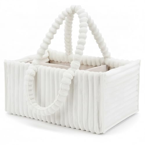 Baby blöj Caddy, bärbar blöj Caddy med avtagbara avskiljare, mjuk flanellförvaringsbehållare för babytillbehör, leksaker och tillbehör, vit