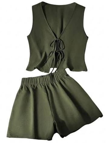 GORGLITTER Co Ord Sets for Women Shorts Tracksuit Womens Full Set V Neck Tie Front Vest Tops and Mini Shorts Set 2 Piece Outfits Olive Green Large