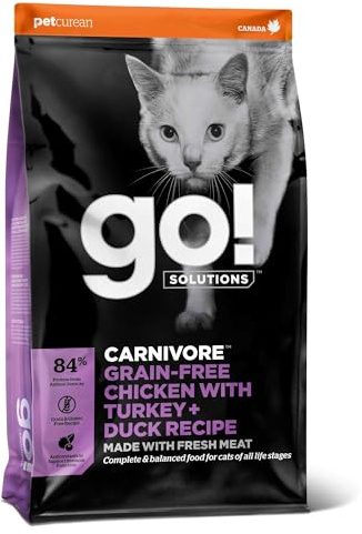 Go! Solutions Carnivore Chicken, Turkey + Duck Grain-Free Dry Cat Food, Our Highest-Protein Kibble Made with Real Meat & Fish, Cranberries for Urinary Health, for Kittens, Adults & Seniors, 3 lb Bag