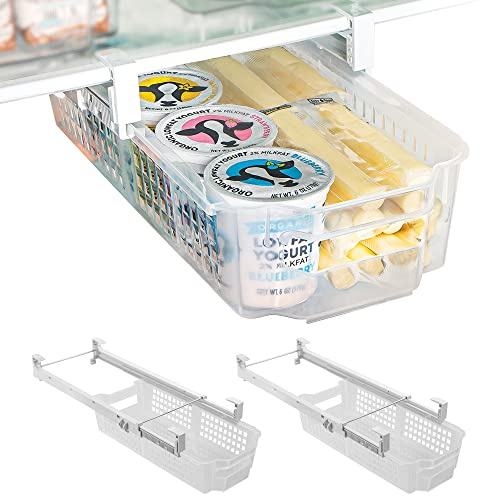 Smart Design Adjustable Pull Out Refrigerator Drawer - Medium, Set of 3 - Extendable Rails and Handle - BPA Free - Holds 15 lbs - Fridge Bin, Freezer, Pantry Food Storage Organizer - Kitchen - Clear