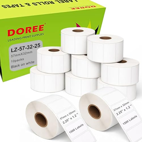 DOREE 10 Rollen weiße Thermopapieretiketten 57 mm x 32 mm, schwarze Schrift auf weißem Papier, kompatibel mit den Druckern Zebra GK420D, GX420D, GK420T (1500 Etiketten pro Rolle, Kern 25 mm).