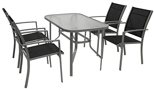 DEGAMO Gartengarnitur Pino 5-teilig, 4X Stapelsessel mit Stahlgestell und Kunstgewebebespannung 2 * 1 schwarz, 1x Tisch 70x120cm mit Stahlgestell und Glasplatte