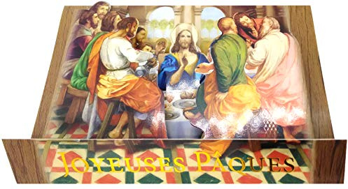 62-1011-B Carte DÉPLIANTE Pop-up 3D Joyeuses PÂQUES en Or Doré Brillant et Enveloppe Blanche - Jésus Christ cène repas Partage Pain Vin Apôtres Fête Printemps