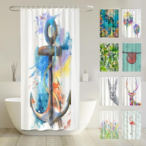 arteneur® - Wasserfarben Anker - Anti-Schimmel Duschvorhang 120x200 - Recycelt mit Öko-Tex Standard 100 - Beschwerter Saum, Blickdicht, Wasserdicht, Waschbar, 8 Ringe & E-Book