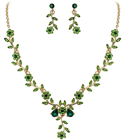 Clearine Damen Hochzeit Schmuck Set Blatt Cluster Blume Kristall Anhänger Halskette baumeln Ohrringe für Braut Grün Gold Ton