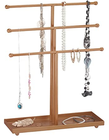 Relaxdays Porte-Bijoux, Forme T, 3 Niveaux pour Colliers, Bracelets, Boucles d’Oreilles, Plateau, métal, Bronze