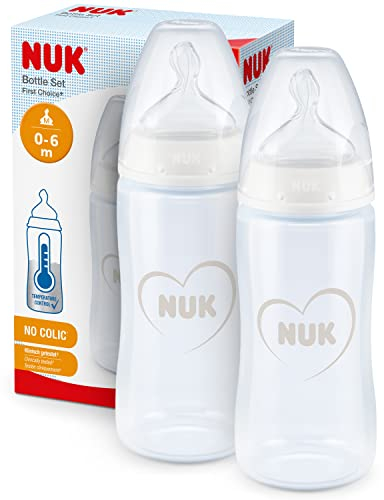 NUK First Choice+ Babyflaschen | 0−6 Monate | 300 ml | Anti-Colic Flaschen mit kiefergerechtem Trinksauger aus Silikon | Temperature Control | BPA-frei | weiß und grau | 2 Stück