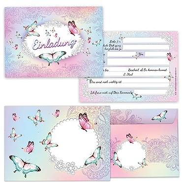 Limonia 12 Einladungskarten incl. 12 Umschläge zum Kindergeburtstag Einladung Geburtstag Mädchen Schmetterling Blumen