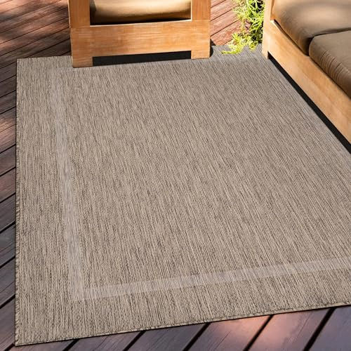 Teppium Outdoor Teppich Wetterfest 300x400 (280 x 370 cm) Braun Sisal Optik - Küchenteppich Waschbar rutschfest, Wasserfest, Bordüre, Pflegeleicht - Ideal für Balkon, Terassen, Garten, Camping, Küche
