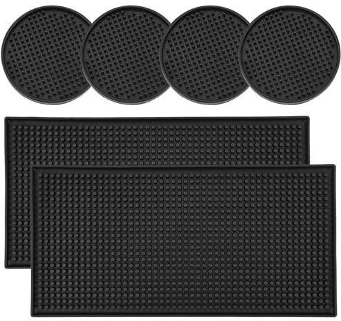 Homtone Lot de 6 Tapis de Service de Bar, 30,5 x 15,2 cm, Tapis de séchage en Caoutchouc antidérapant, Tapis de séchage pour Verre, comptoir, café, Whisky, Cocktail, Cuisine, Bar, Restaurant, Noir