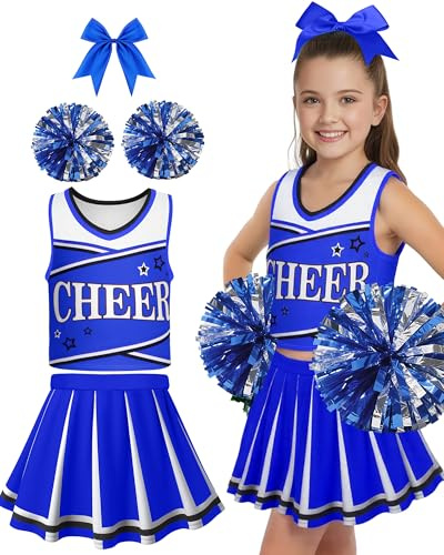 JenPen Cheerleader Costume for Cute Cheerleading Outfit Cheer Uniform for Halloween Dress Up with Accessories(L(7-9year),Blue, White)