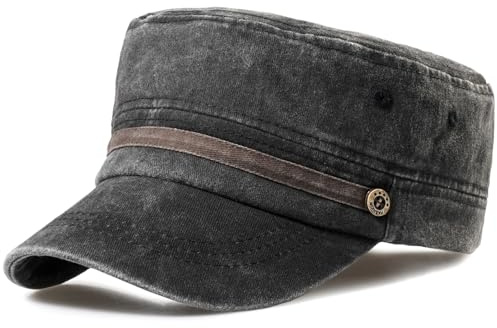 MESU Unisex Washed Cotton Military Hats Cadet Army Caps Vintage Flat Top Cap B Black