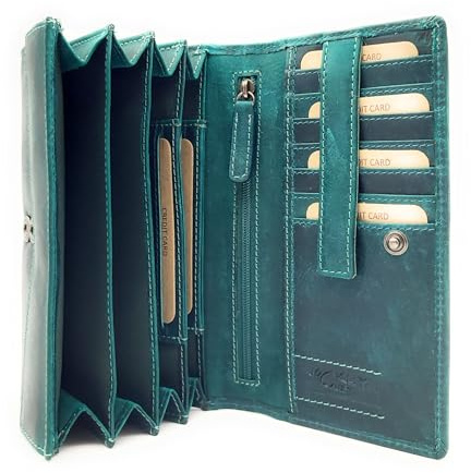 Lemasi echt Leder Damen Geldbörse Toro Langformat rustikales Vintage Hunterleder mit RFID Schutz (Petrol)