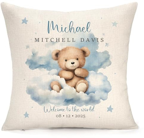 Personalised Cushion Blue Teddy | New Baby Boy | Customised With Any Name & Date | Present, Gift | Pillow/Cushion | 45cm x 45cm