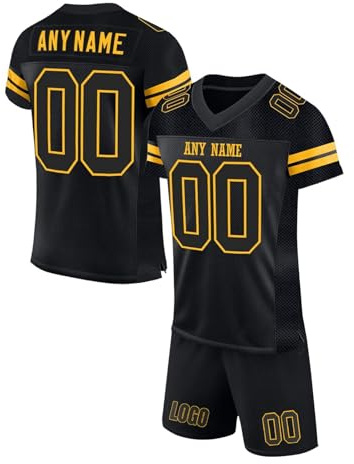 Maillot de Football Américain Personnalisable pour Hommes Femmes Jeunes Préscolaires Personnalisé Sport Maillots avec Logo Nom et Numéro Manches Courtes à Séchage Rapide T-Shirts avec Shorts Black