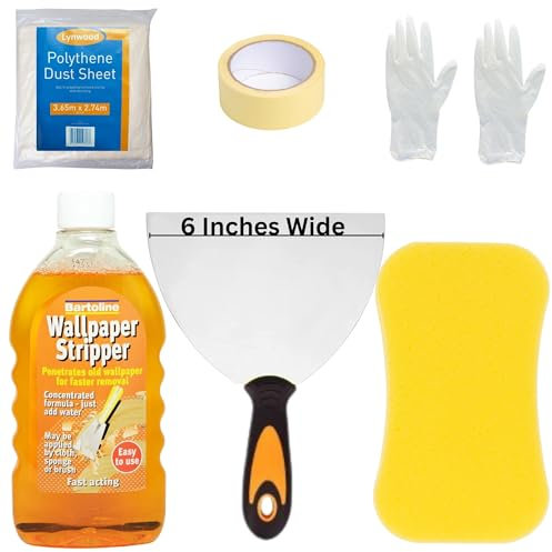 Kit de décapage de papier peint – Ensemble avec dissolvant de papier peint robuste, décapant papier peint, grande éponge, feuille de poussière, ruban de masquage et gants – Convient pour tous les