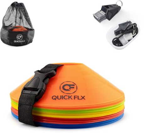 QUICKFLX Markierungshütchen Set – 25 Trainingshütchen in 5 Farben mit Tragetasche & Pfeife – Ideal für Fußballtraining, Agility & Koordinationsübungen für Kinder & Erwachsene (Mit Gürtel)