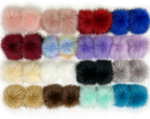 Allruyee 32 Pieces Pom Pom Faux Fur Pom Pom for Hats, Keychains, Scarves, Gloves & Bags Accessories with Elastic Loop, 16 Colours(Light Colour)