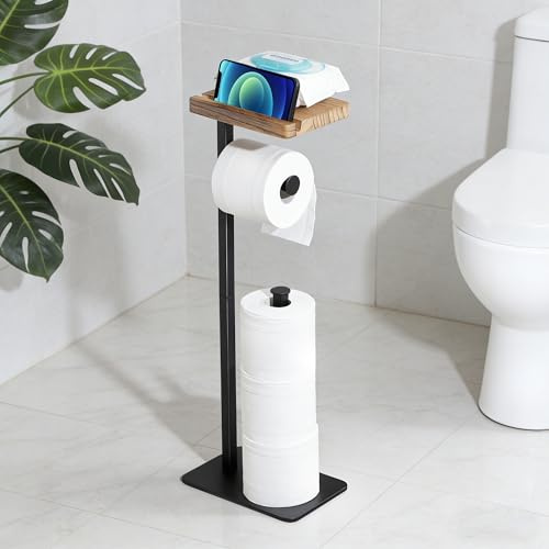 YIGII Free Standing Toilet Roll Holder with Wooden Shelf & Phone Slot, Metal Bathroom Toilet Paper Holder Stand for Lavatory, Washroom, Restroom Organization