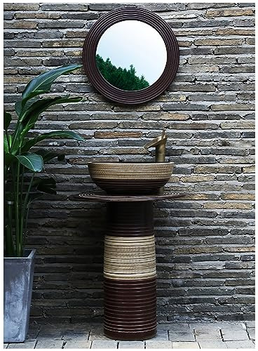 LQAIomn Pedestal Sink Handcrafted Ceramic Wash Basin Pedestal Washbasin, Kaolin Clay Pedestal Sink Round Freestanding Sink Floor Standing Wash Basin Unit for (with Mirror)