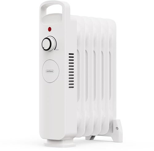 VonHaus Oil Filled Radiator 6 Fin – Mini Oil Heater Portable Electric Free Standing 800W for Home, Office, Any Room – Adjustable Thermostat, Carry Handle, Lightweight, 1.5m Power Cable