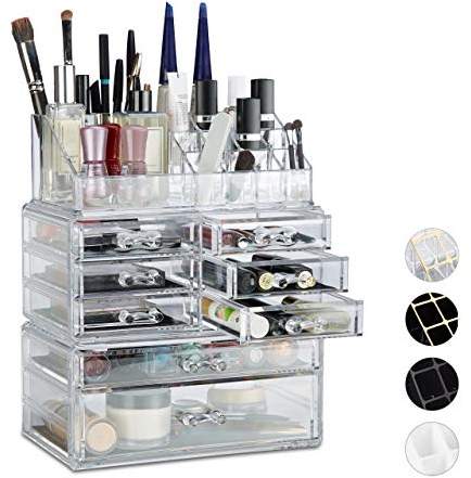 Relaxdays 1x Organizer Make-up con Cassetti, Contenitore Impilabile con Porta-Rossetti, in Acrilico, Trasparente
