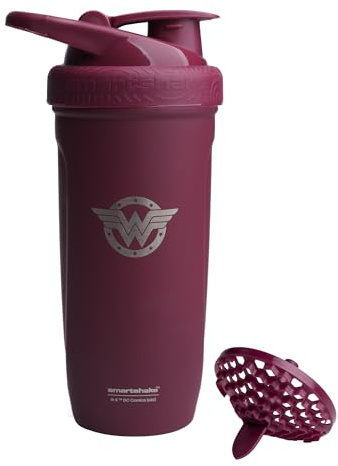 Smartshake Justice League Reforce Shaker Bottle 900ml, DC Comics Stainless Steel Protein Shaker Water Bottle, Leakproof Water Shaker Cup, Supplement Shaker for Sport & Gym, BPA-Free, Wonder Woman
