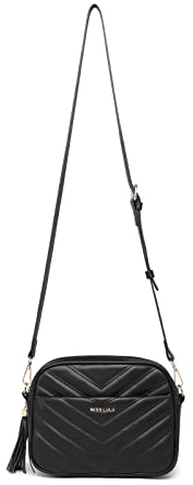 Miss Lulu Women's Small Black Crossbody Shoulder Bag with Adjustable Strap - PU Leather, V-Shaped Pattern & Tassel Detail