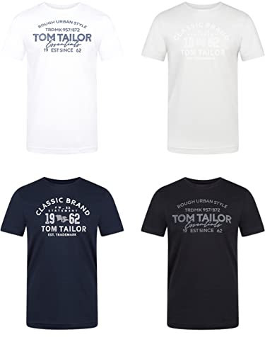 TOM TAILOR Tshirt Herren Baumwolle Regular Fit 4er Pack Set Rundhals Kurzarm Sommer Tee Shirt Logoprint 100% Baumwolle, Größe:S, Farbe:Lucid White (28847)