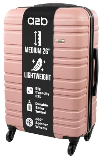 A2B 26 Medium Lightweight Hard Shell Suitcase - Dark Rose Coloured Luggage | with 4 Spinner Wheels, Durable ABS Satra QC Tested Travel Cases for Holiday, Breaks, Big 62L Capacity 26 Inch Suitcases