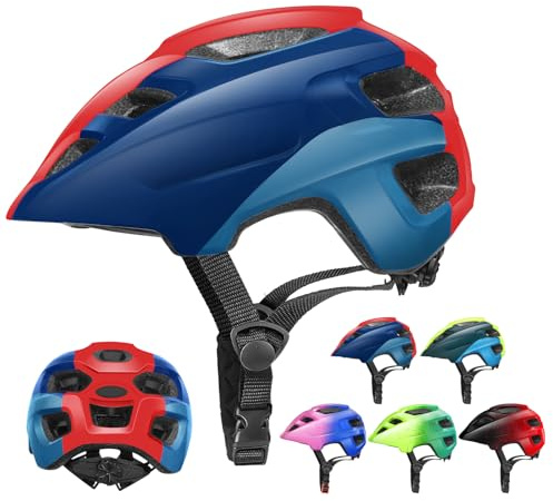 Kids Helmet, RaMokey Kids Bike Helmet for Boys Girls, Cycle Helmet with Visor for Kids 3-13, Childrens Bike Helmet Bicycle Cycling Helmet(S/M 48-56CM) (Red+DarkBlue)